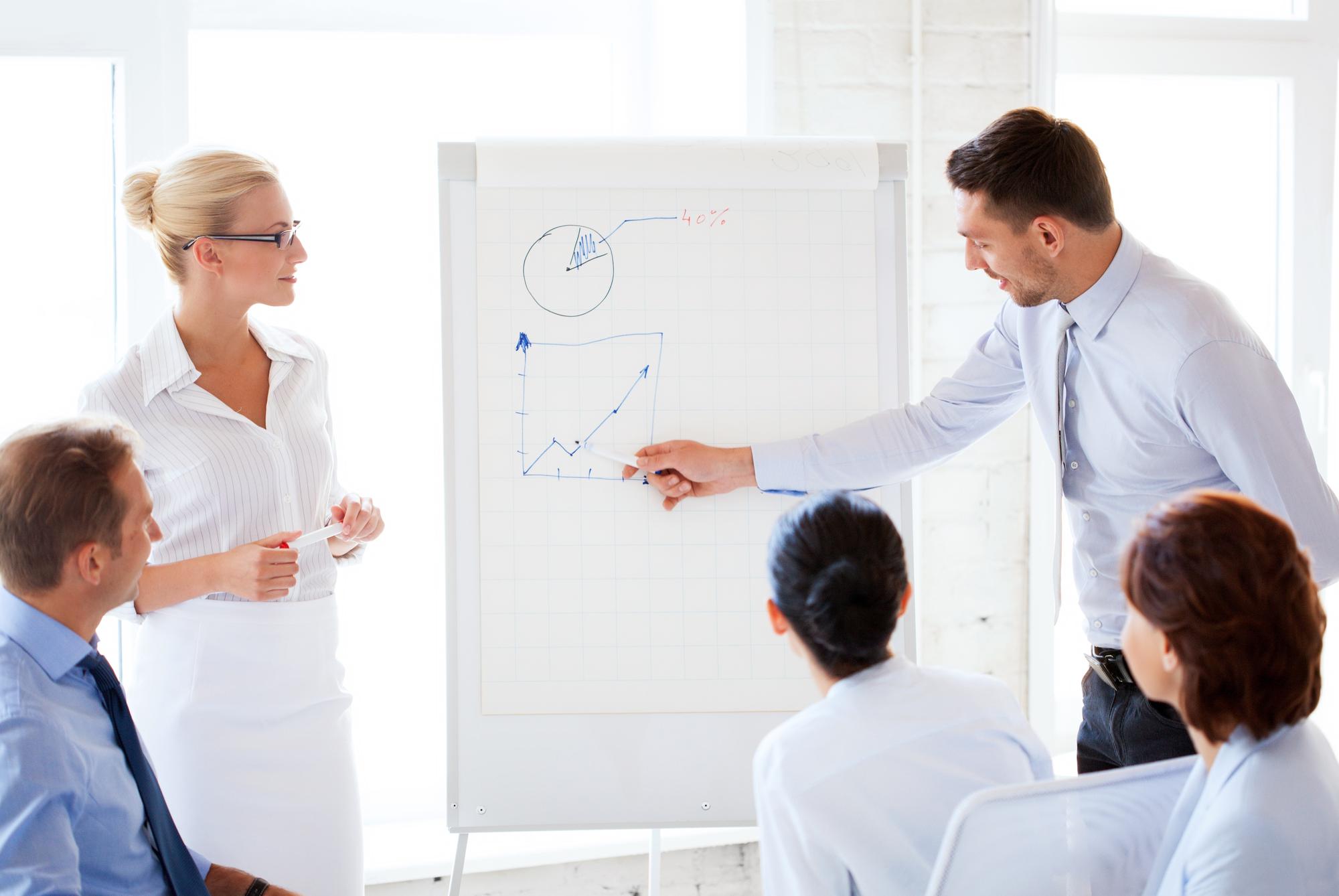 Beraterin erklärt Konzepte auf Flipchart